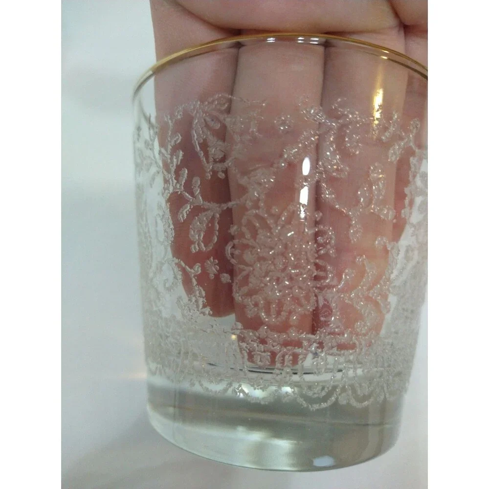 Set of 2 Vintage Gold Band Rim Whiskey Glasses Raised Floral Etch Old Fashioned